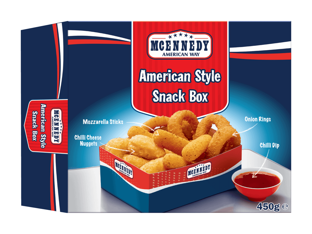 Boîte de snacks américains avec des rondelles d'oignon, des bâtonnets de mozzarella et des nuggets de fromage pimenté.