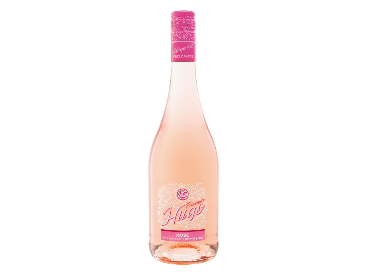 Hugo Rosé Frizzante: sticlă de vin spumant roz cu aromă de soc și mentă.