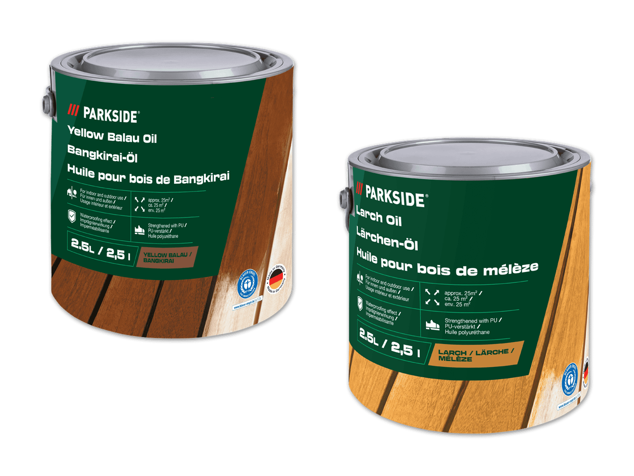 Zwei Dosen Holzöl: Gelbes Balau-Öl und Lärchenöl, jeweils 2,5 Liter, für Innen- und Außenbereich.