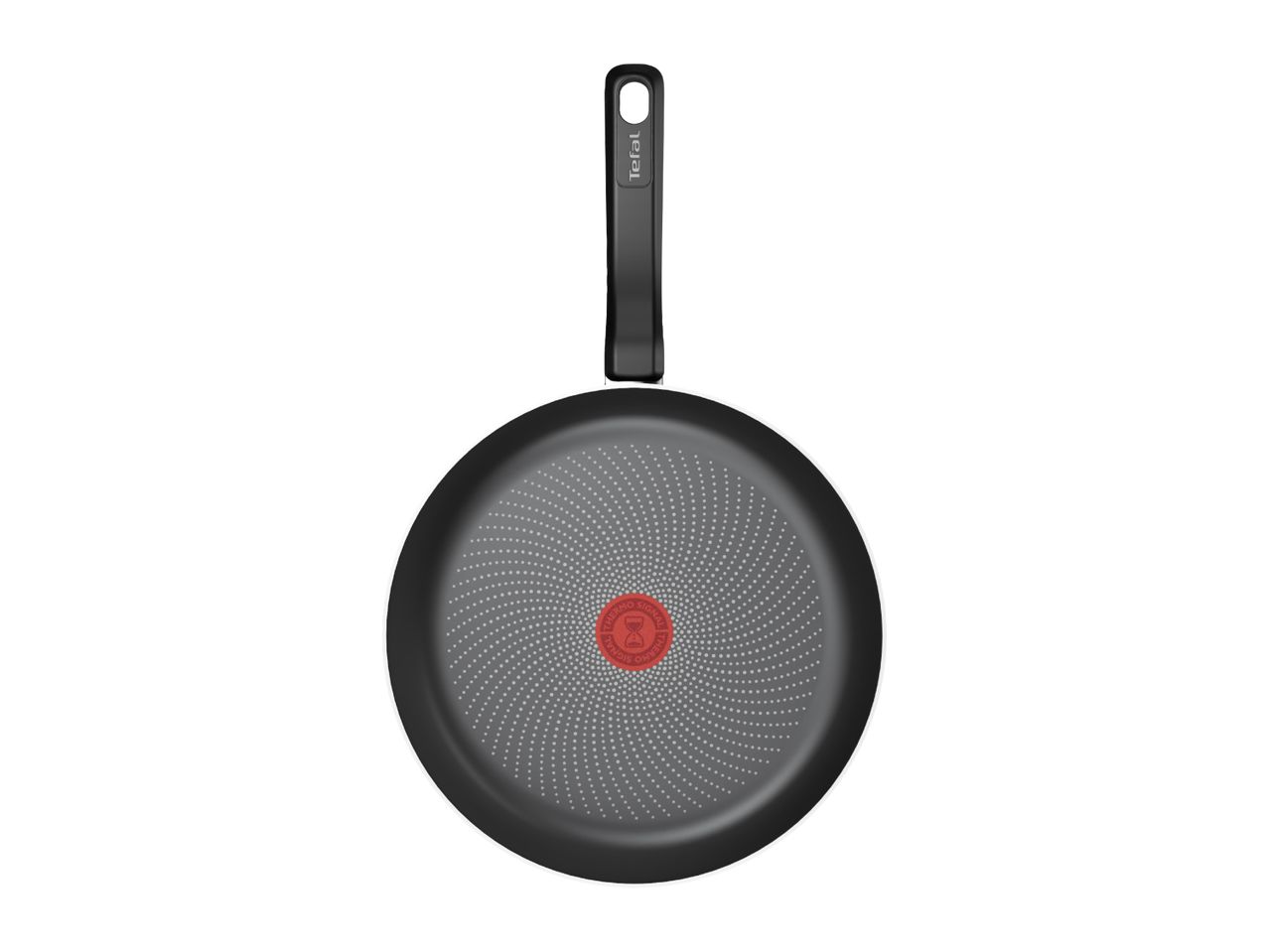 Black frying pan with a red heat indicator in the center, viewed from above.