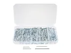 A clear plastic box filled with various sizes of nails, with some nails laid out below.