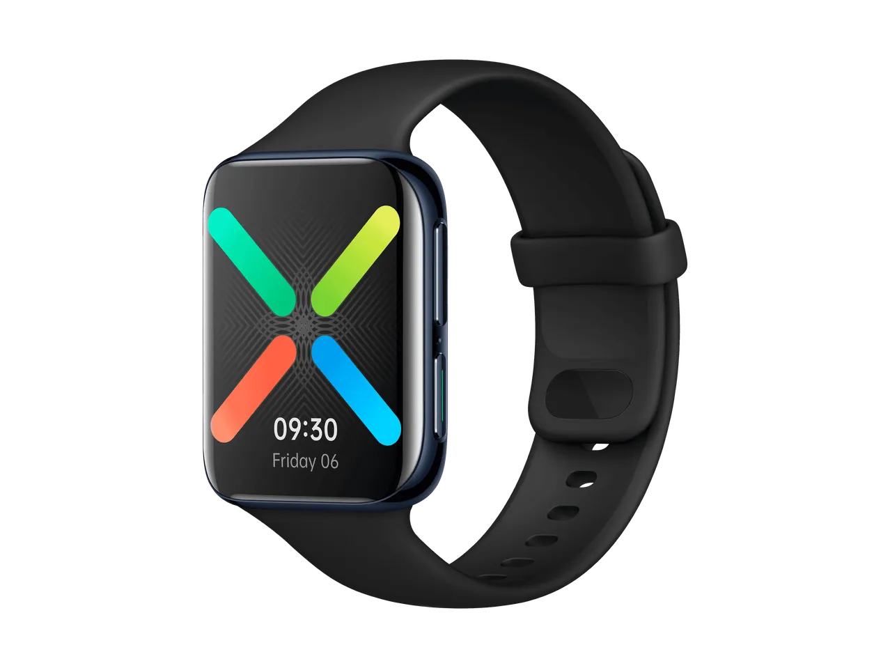 Schwarze Smartwatch mit einem Display, das Uhrzeit und Datum anzeigt.