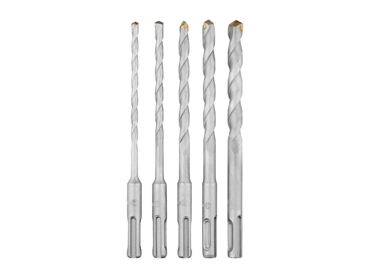 Seis brocas multifuncionais PARKSIDE® HSS de diferentes tamanhos em fundo preto.