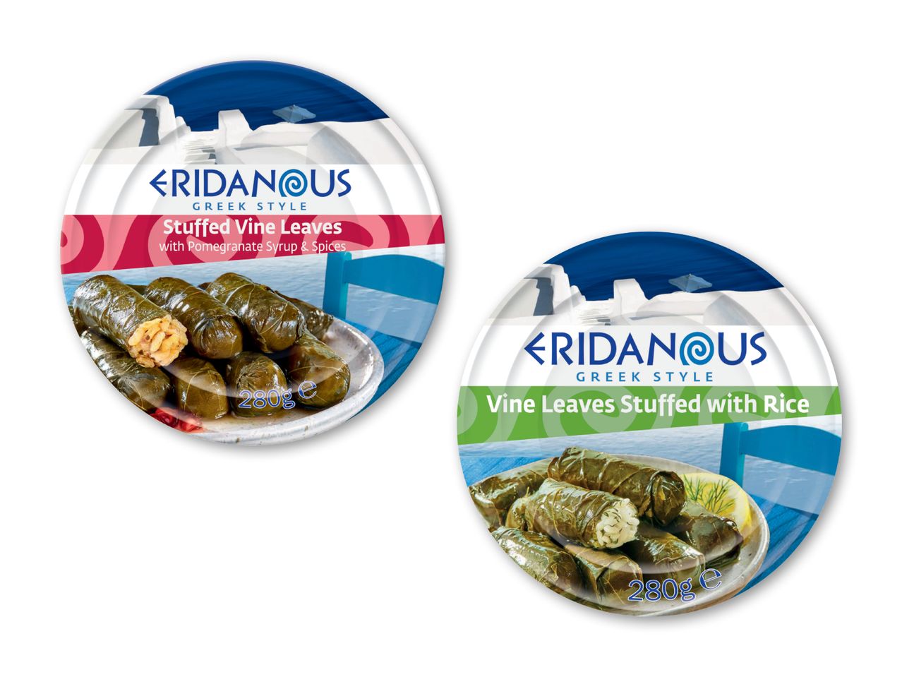 To dåser Kridanus dolmades, en med tomatsauce og en med citronsauce.