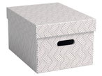 Caixa de arquivo Von Leitz com padrão geométrico de linhas cinzentas sobre fundo branco.
