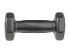 A black dumbbell with a smooth, glossy finish, isolated on a white background.