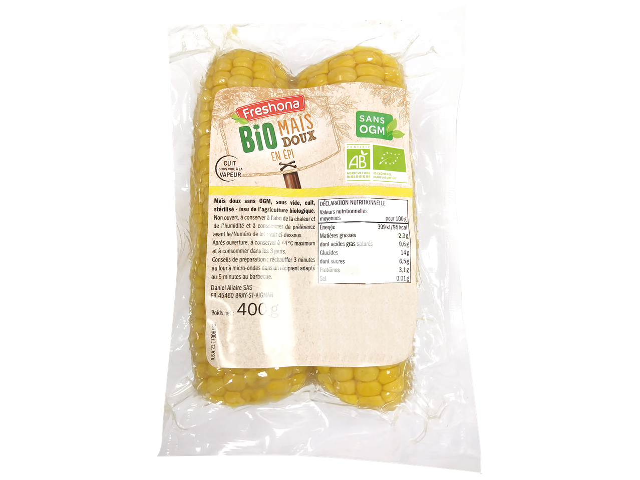 Maïs doux bio en épi, cuit sous vide à la vapeur, sans OGM, 400g.