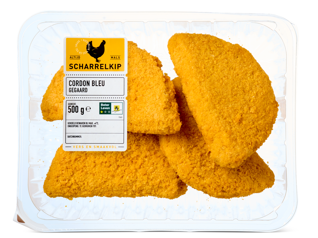 Verpakking Scharrelkip Cordon Bleu, 500g, voorgegaard, met Beter Leven 2-sterren keurmerk