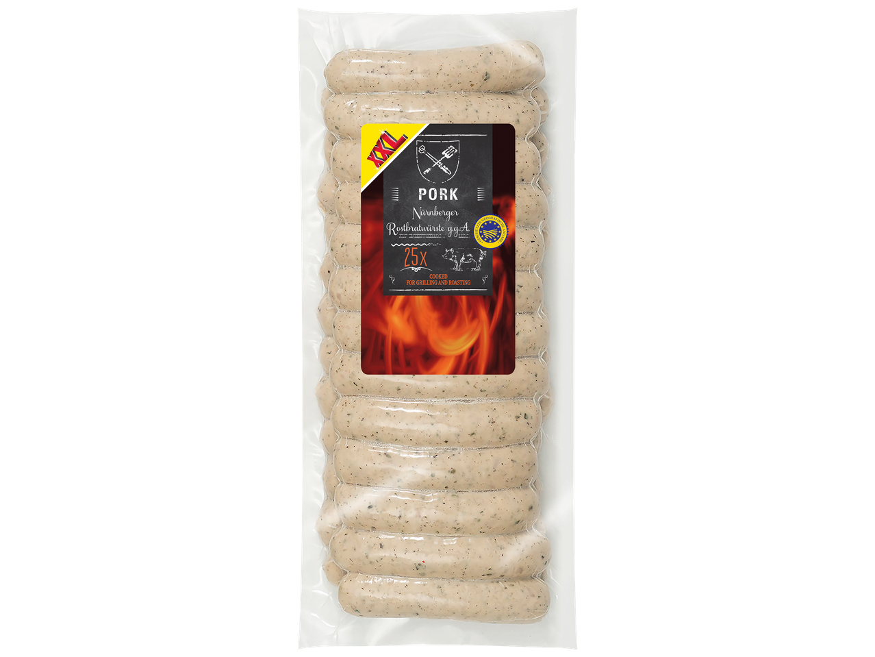 Paquet de 25 saucisses de porc Nürnberger Rostbratwürste g.g.A. pour grillades et rôtis.