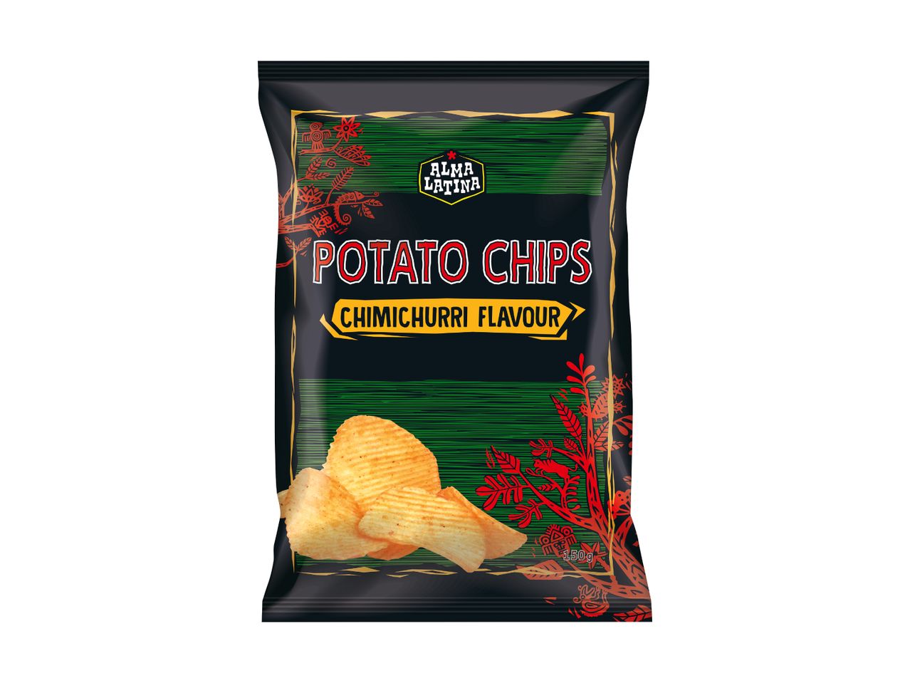 Black bag of ridged potato chips with chimichurri flavor, featuring red and green patterns.