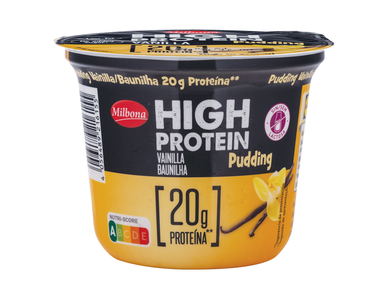Pudim Milbona de baunilha, rico em proteínas (20 g).