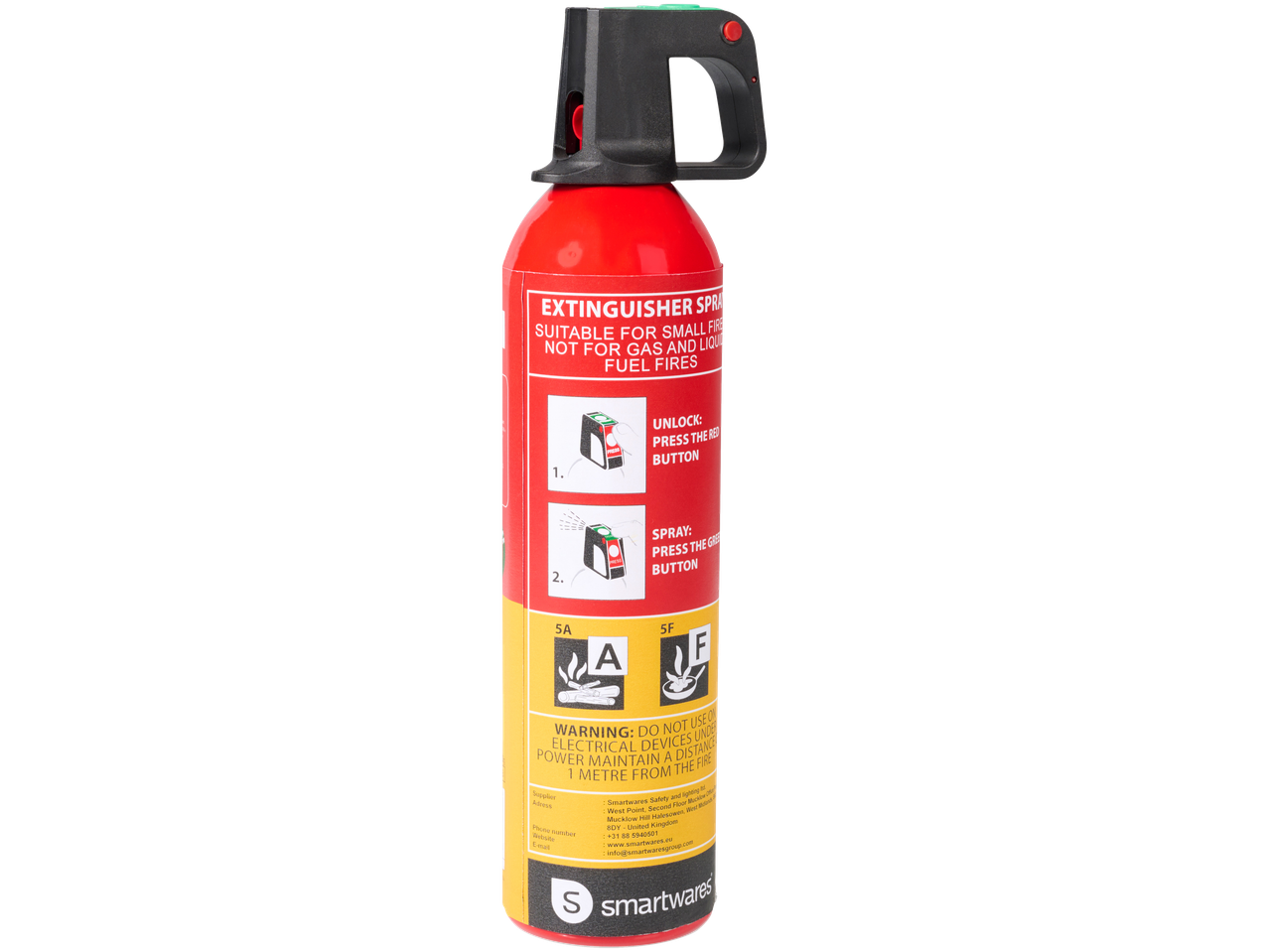 Smartwares Extinguisher Spray for small fires, with instructions and safety warnings.
