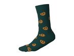 Dark green sock with a pattern of salted pretzels