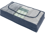 Geantă de depozitare albastră cu capac transparent, plină cu pături și textile.