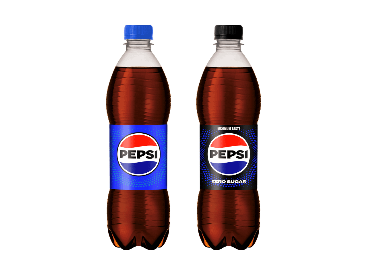 Zwei braune Limonadenflaschen, eine mit blauem Etikett, die andere mit schwarzem Etikett.