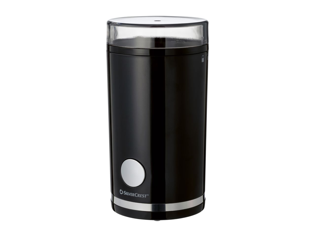 Black electric coffee grinder with a transparent lid and a silver button.