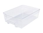 Clear plastic storage bin with a handle on one side, viewed from an angle.