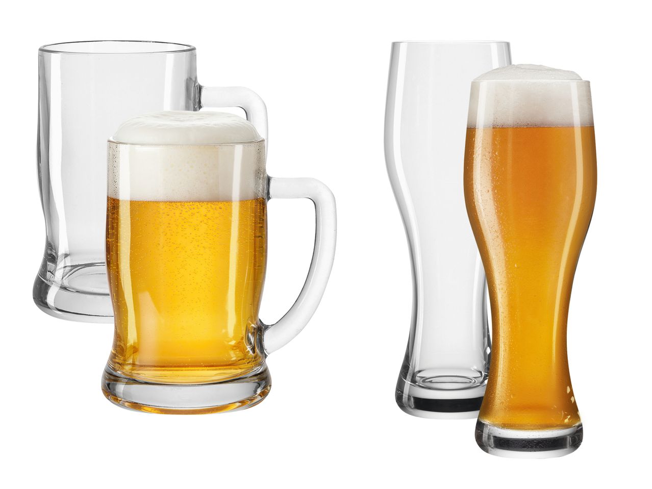 Zwei Biergläser, eines gefüllt mit hellem Bier und Schaum, daneben zwei leere Biergläser.