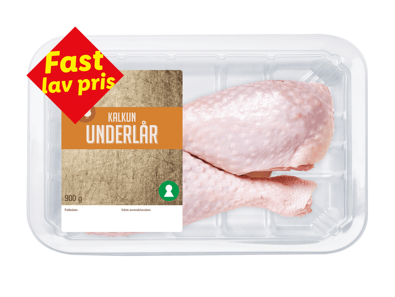 Pakke med kalkununderlår med et rødt skilt, der proklamerer 'Fast lav pris'.