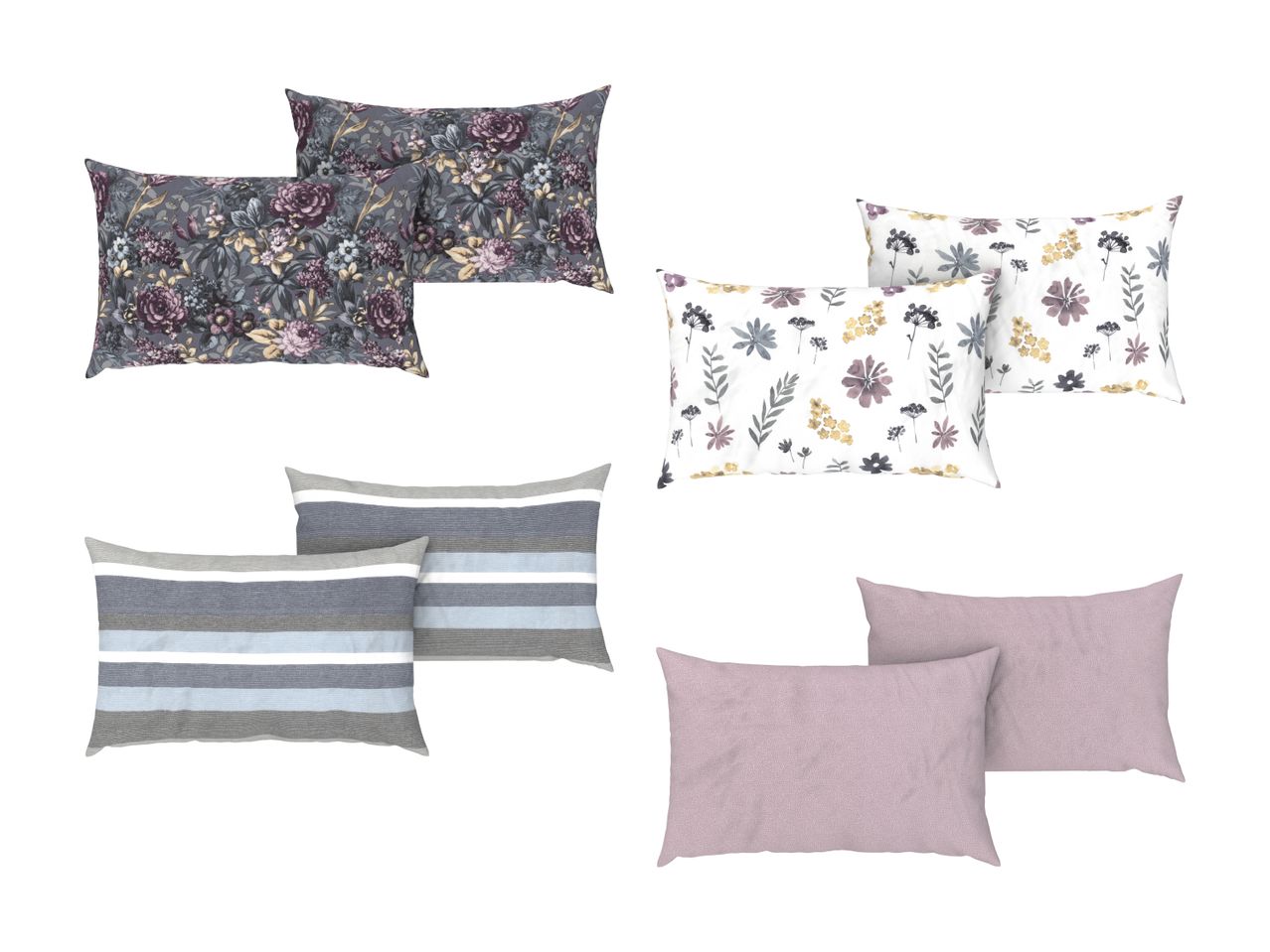 Ensemble d'oreillers décoratifs avec motifs floraux, rayures et unis.