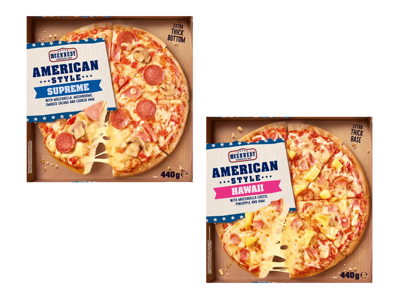 Kaksi pakattua pizzaa: Supreme-pizza salamilla ja kinkulla sekä Hawaii-pizza ananaksella ja kinkulla.