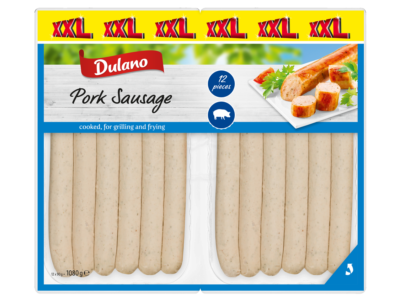 Dulano XXL varkensworstjes, gekookt, klaar voor grillen of bakken.