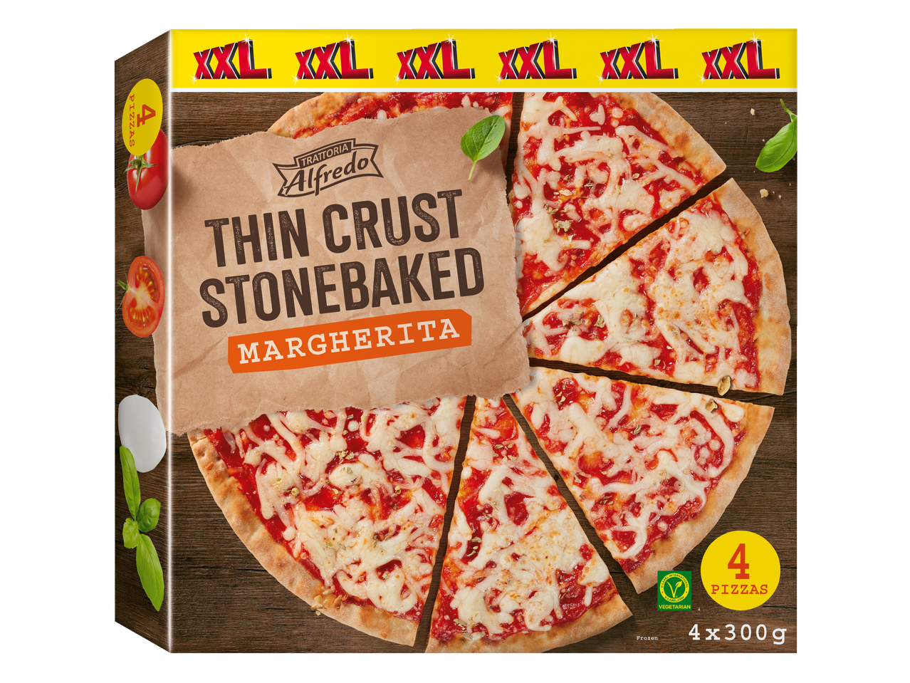 Trattoria Alfredo XXL thin crust stonebaked Margherita pizzas (4 x 300g).