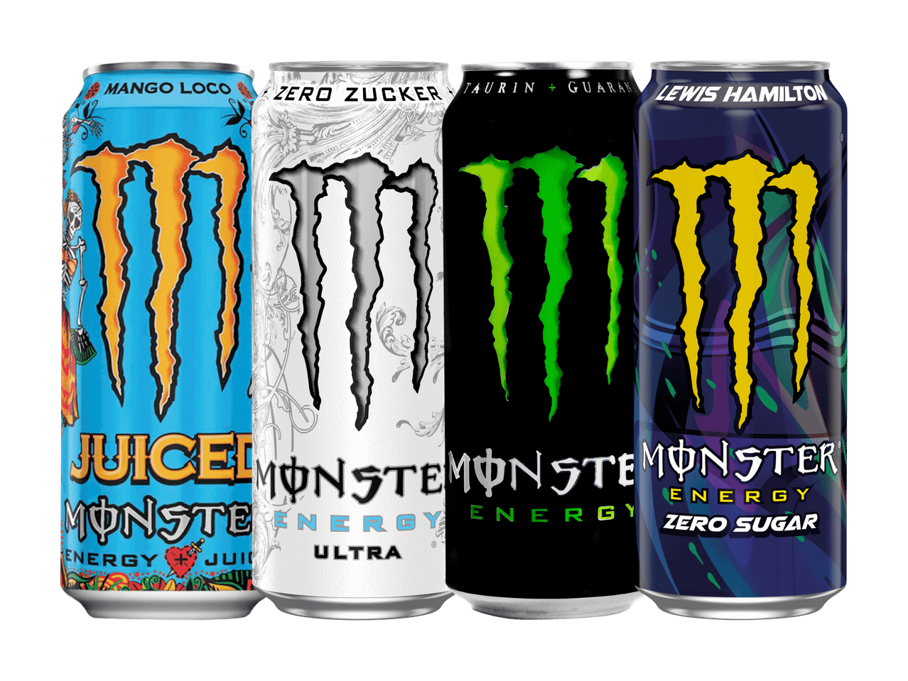 Vier Monster Energy Dosen: Mango Loco, Zero Zucker, Original und Lewis Hamilton Edition.
