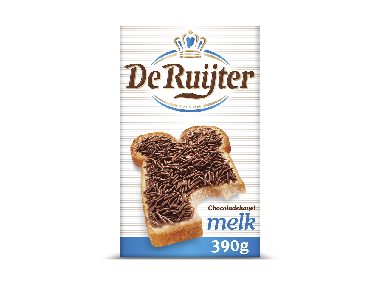 Verpakking van chocoladehagel met een afbeelding van brood met hagelslag, 390g.