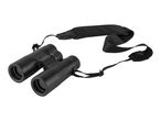 Black binoculars with a neck strap, ideal for outdoor activities and birdwatching.