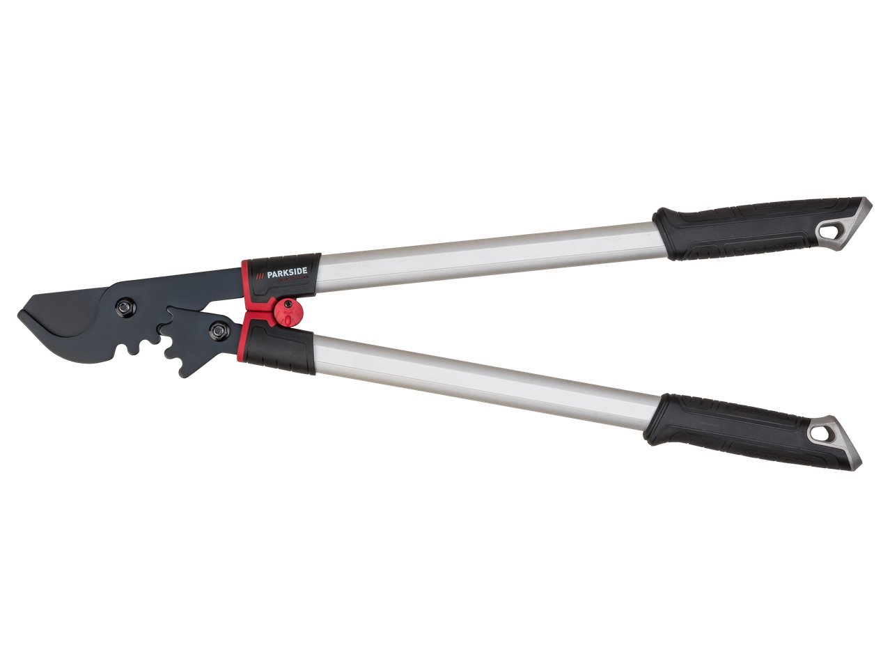 Parkside Performance® dzīvžoga/zaru šķēres ar melniem un sarkaniem akcentiem uz melna fona.