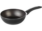 A black non-stick wok with a curved handle.