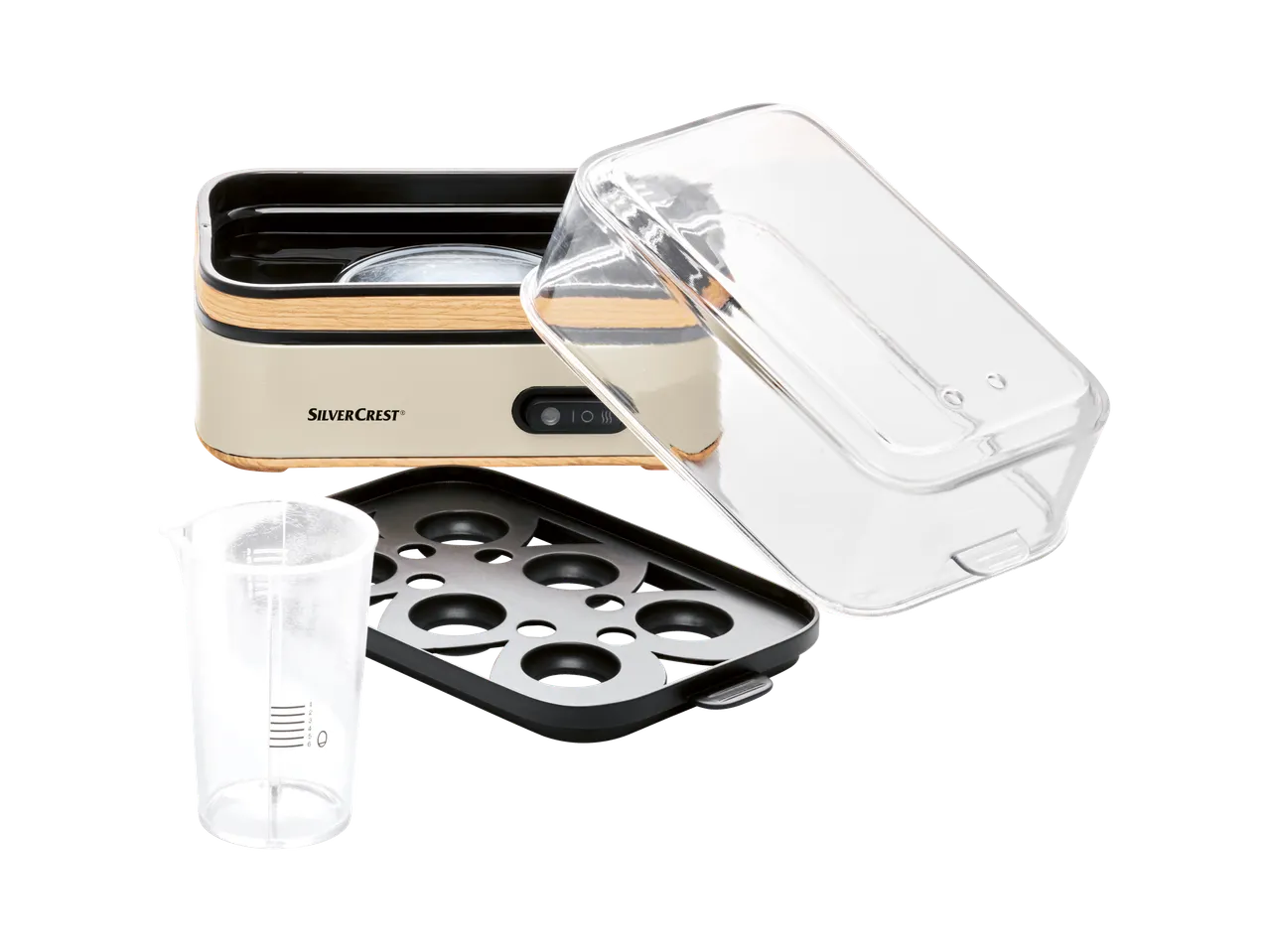 Яйцеварка Silvercrest с капак, държач за яйца и мерителна чашка.