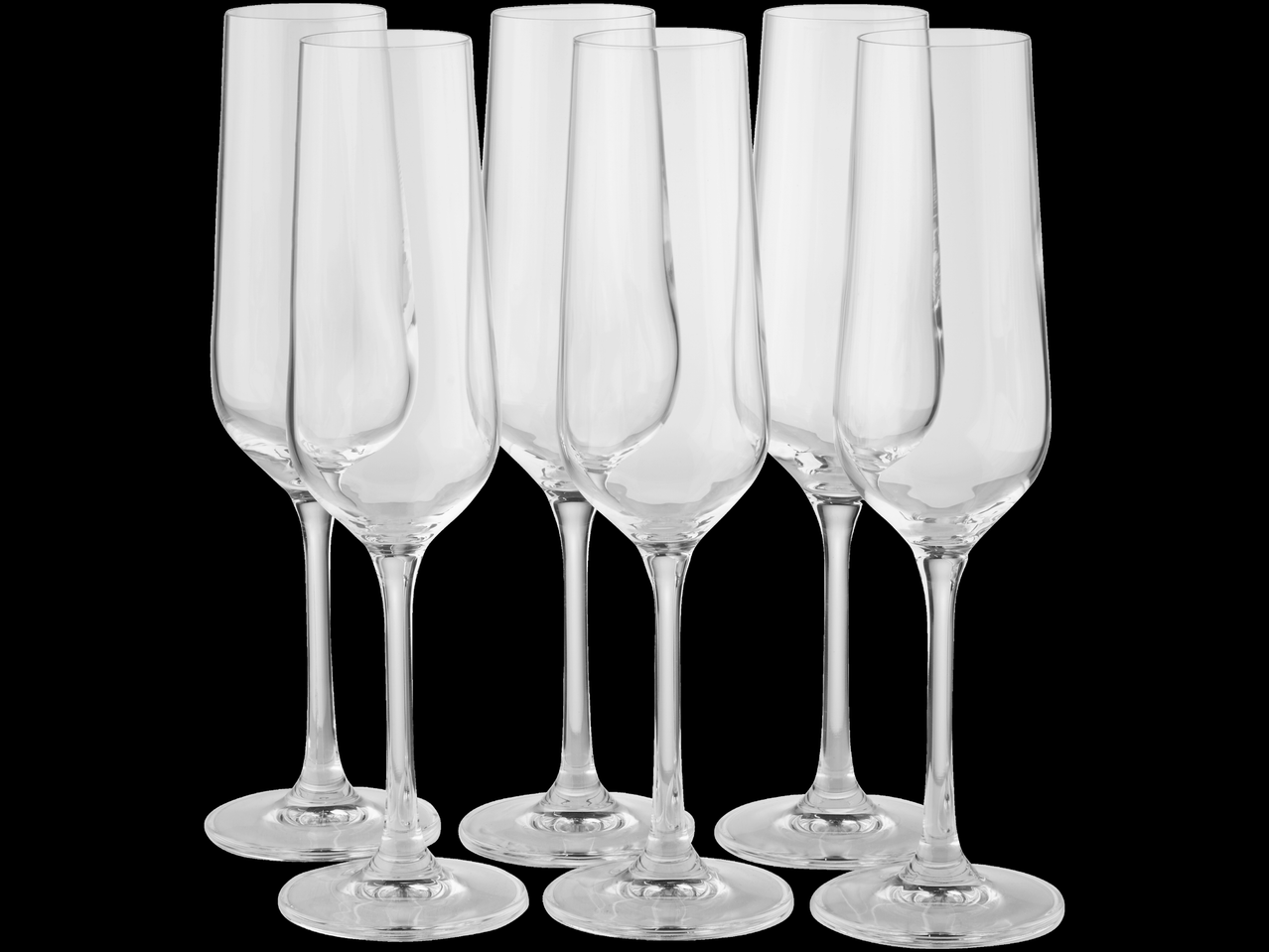 Kuus läbipaistvat šampanjaklaasi.