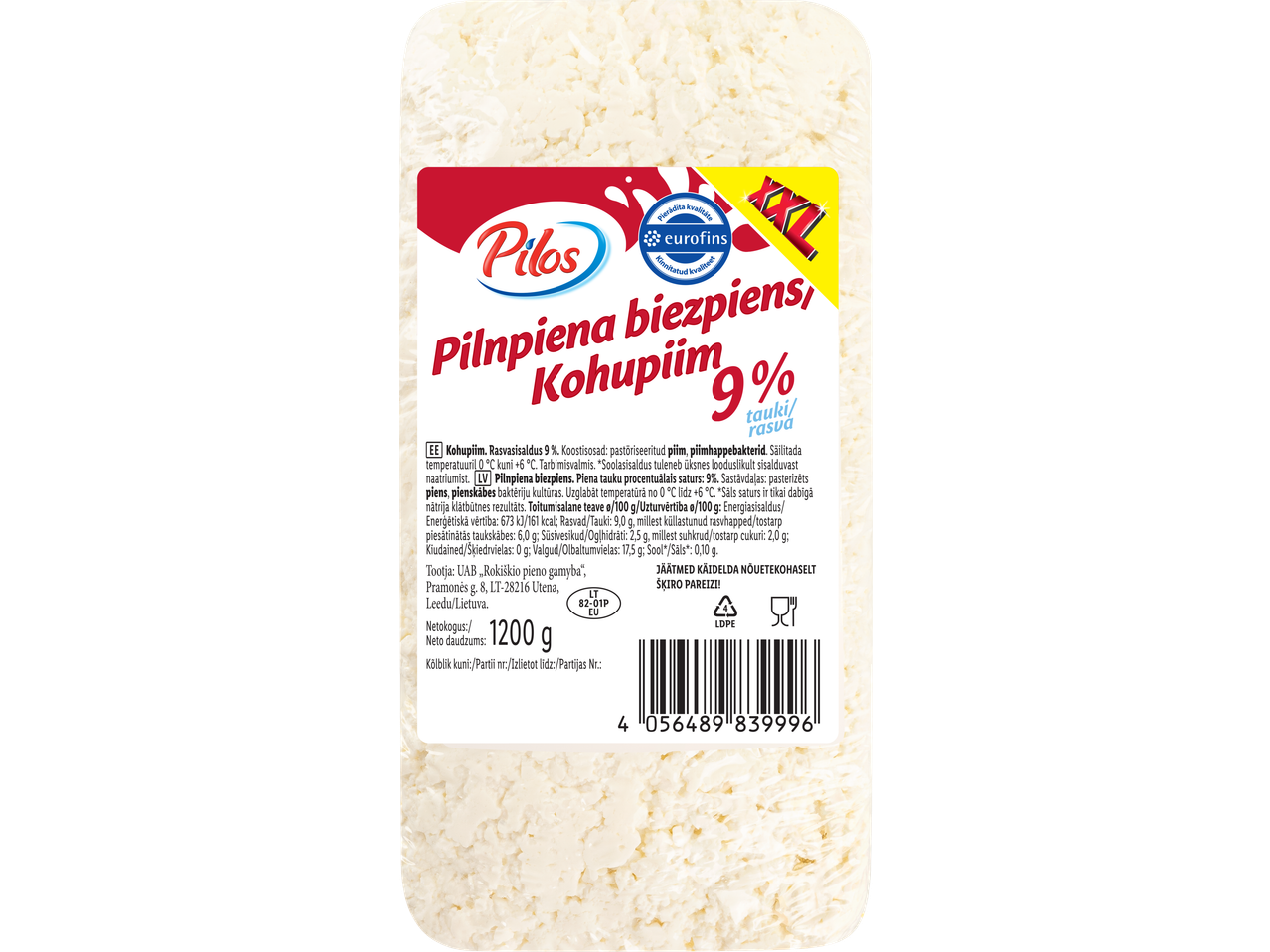 Pilos täispiima kohupiim XXL, 9% rasva, 1200g.