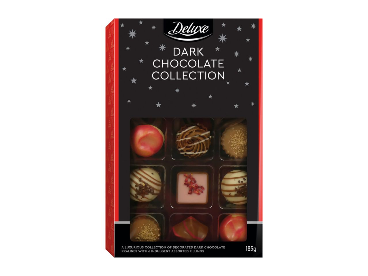 Deluxe Dark Chocolate Collection box with assorted pralines, 185g.