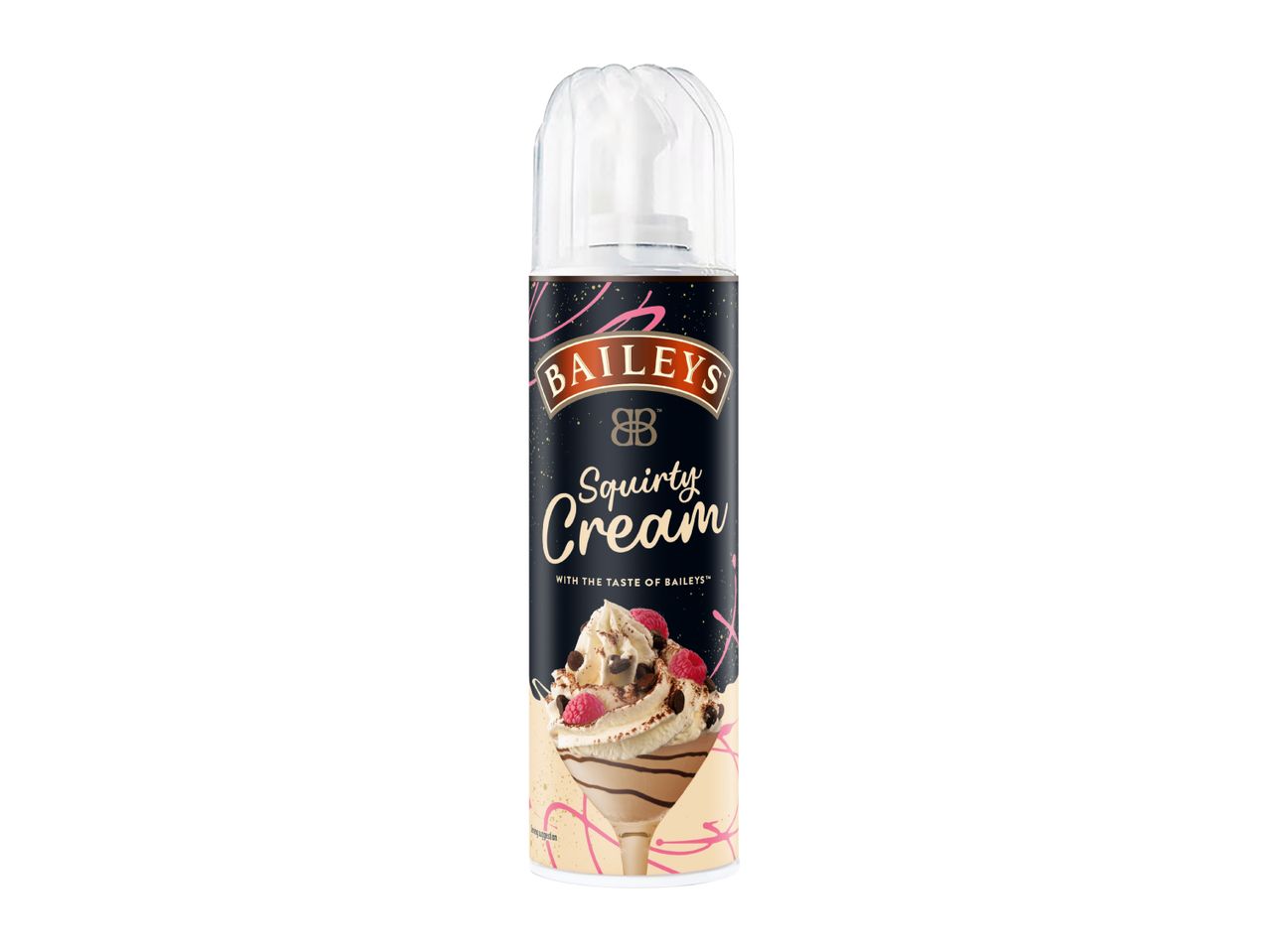 A can of Baileys Squirty Cream with a picture of a dessert on the label.
