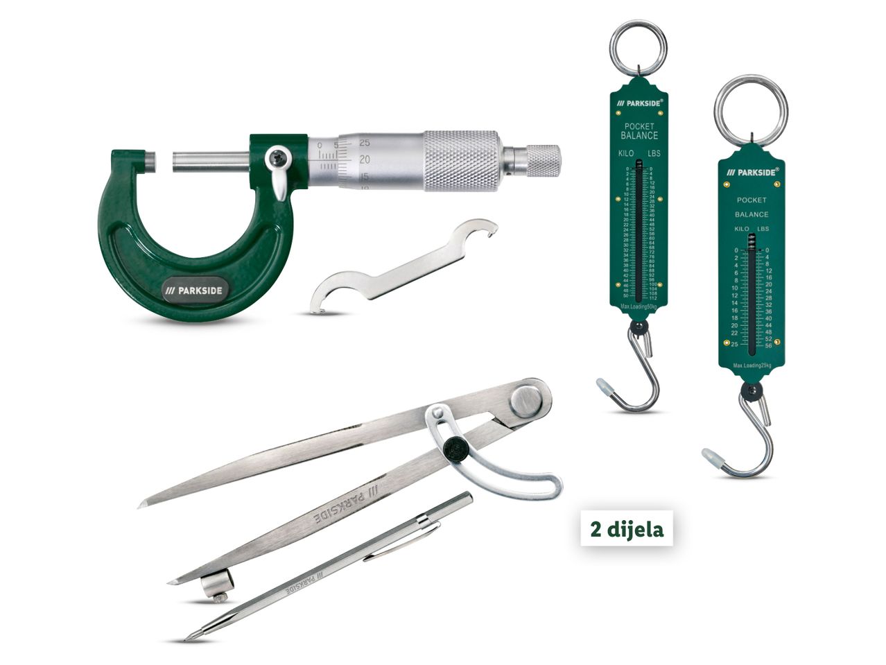 Set mjernih instrumenata: mikrometra, vaga, šestar i ključevi.