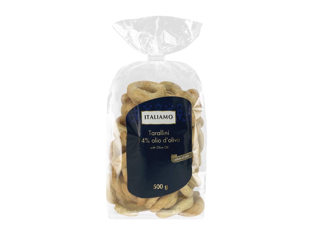 A clear plastic bag of tarallini with 14% olive oil, 500g.