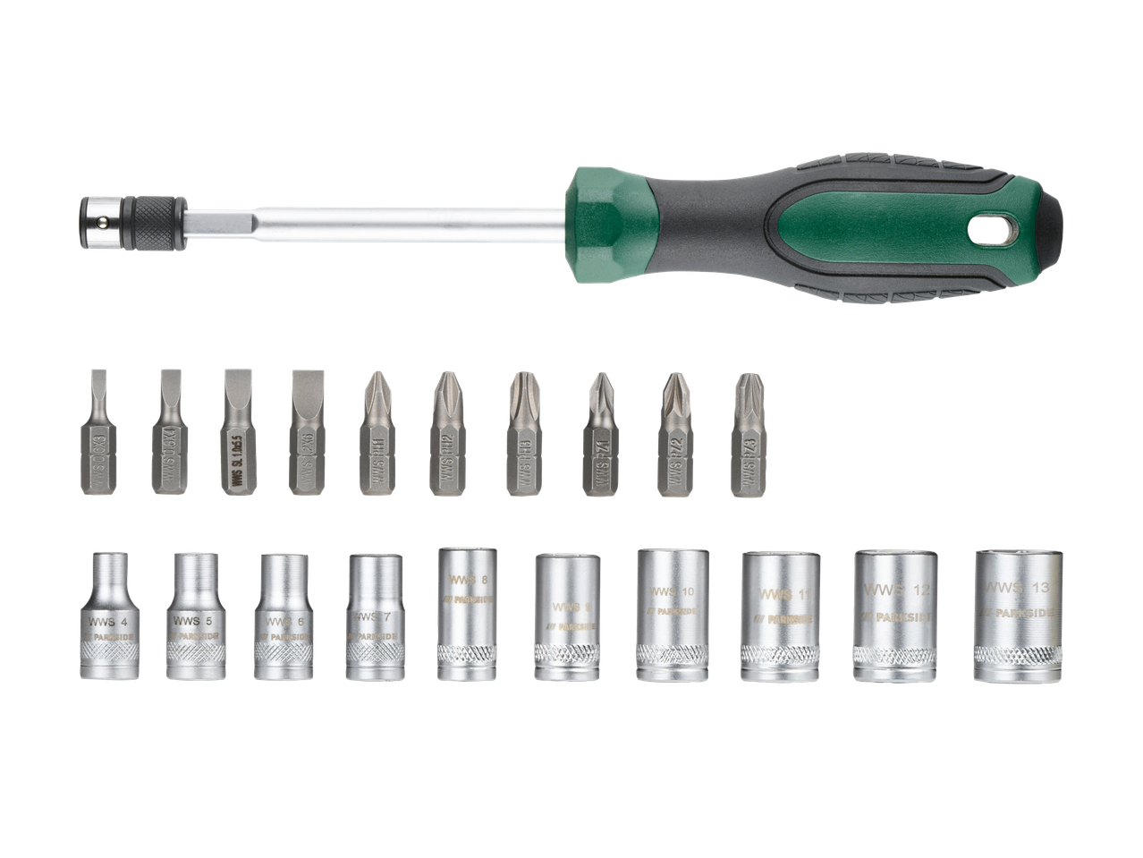 Conjunto de chaves de fenda PARKSIDE com cabo, várias pontas e chaves de caixa de WWS 4 a WWS 13.