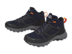 Zwei dunkelblaue Crivit Wanderschuhe mit orangefarbenen Akzenten.