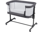 A grey baby bassinet with mesh sides and a white mattress on a dark grey stand with wheels.