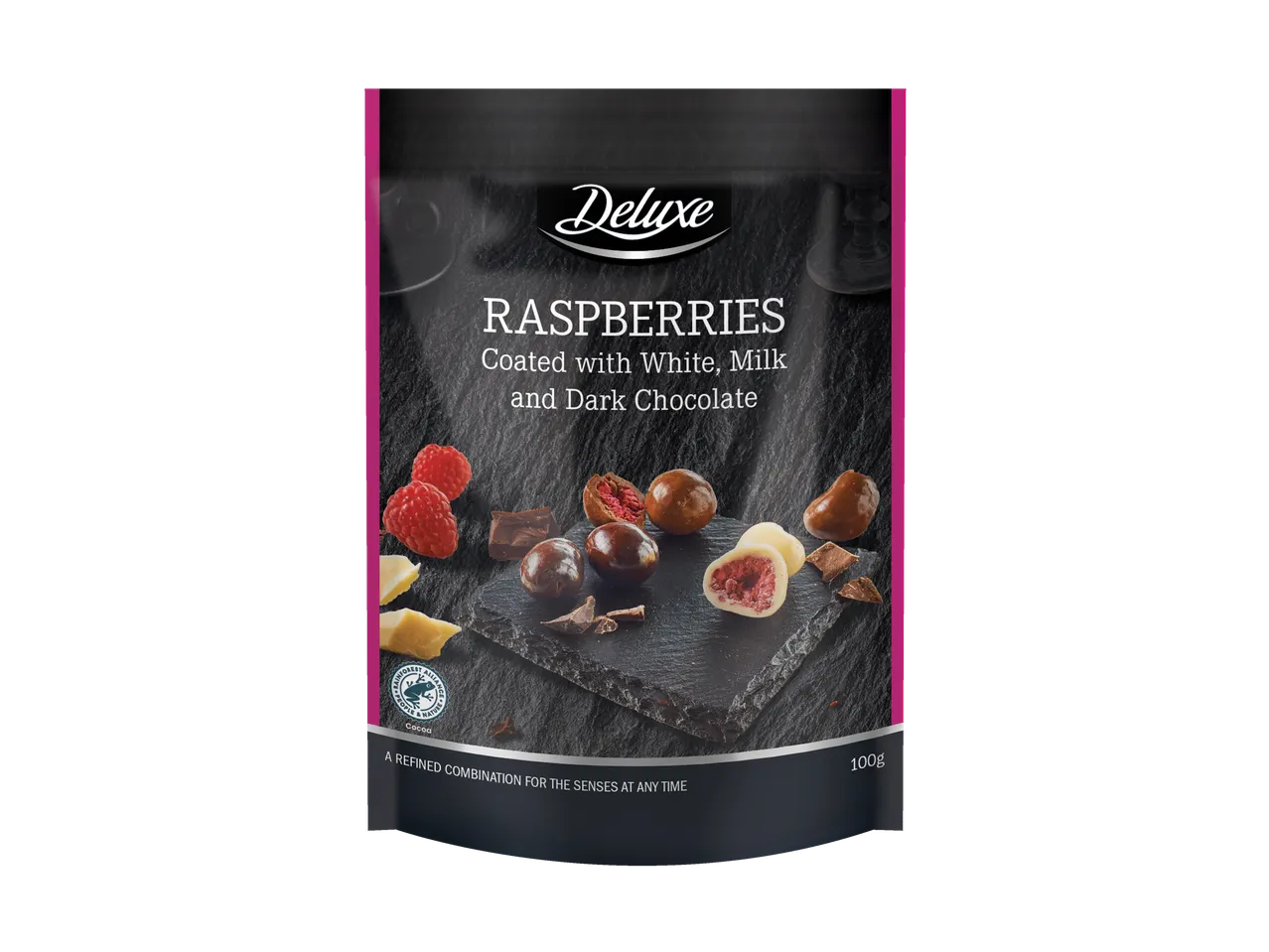 Deluxe: Framboises enrobées de chocolat blanc, au lait et noir.