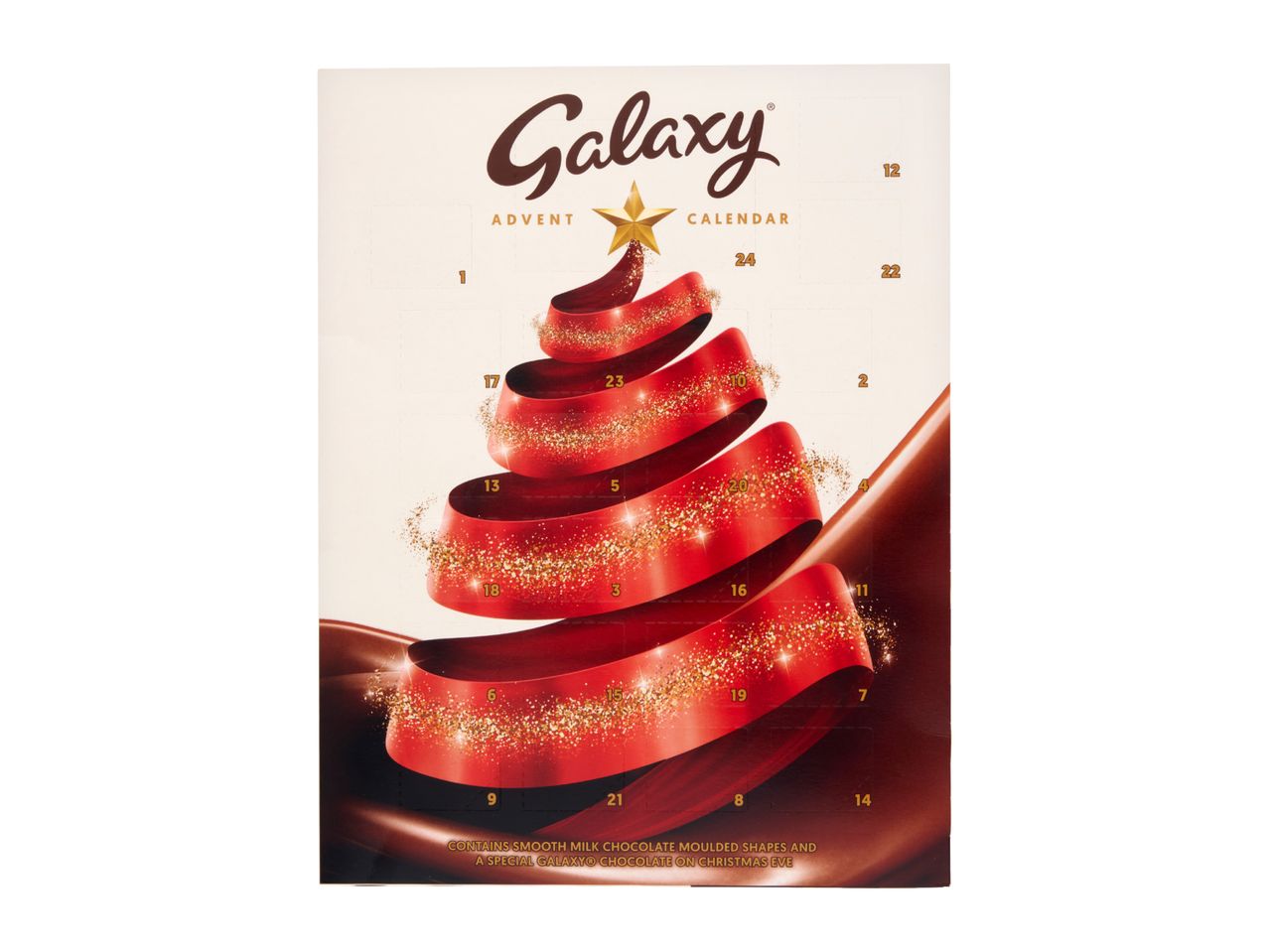 A Galaxy Advent Calendar featuring a chocolate-swirl Christmas tree design with numbered doors.