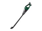 Cordless stick vacuum cleaner with a green and black body, and a grey battery pack.
