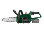 A green and black cordless chainsaw with a silver blade and a grey battery pack.