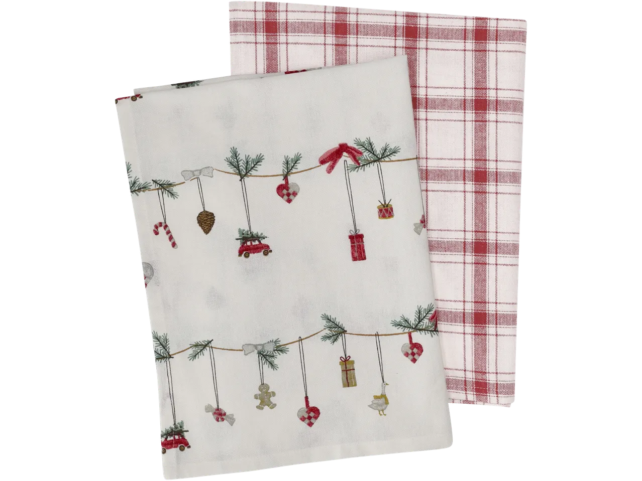 LIVARNO virtuviniai rankšluosčiai: vienas su kalėdiniais motyvais, kitas raudonai-baltas languotas.