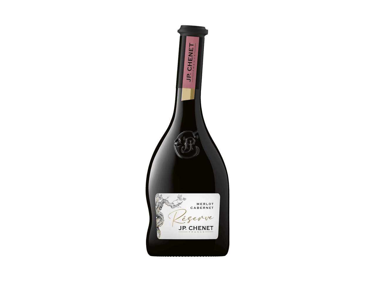 Eine Flasche JP Chenet Reserve Merlot Cabernet Rotwein auf schwarzem Hintergrund.