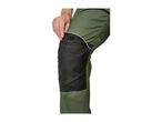 A person's hand adjusting the knee pad pocket on green work pants.
