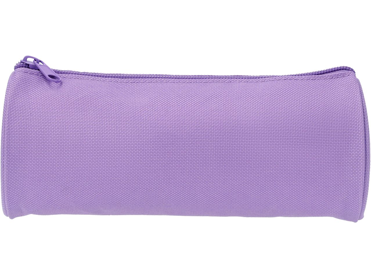 Astuccio viola con cerniera su sfondo bianco.
